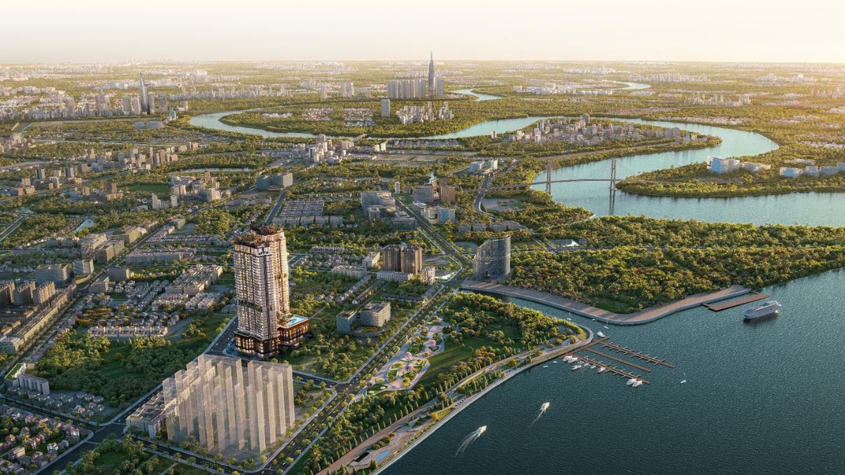 Phối cảnh kiến trúc hiện đại của dự án Vlasta Premier Phú Thuận Quận 7 ven sông Sài Gòn rực rỡ về đêm.