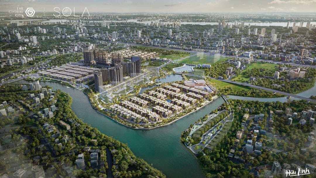 Phối cảnh biệt thự song lập Sola Villa The Global City hướng sông