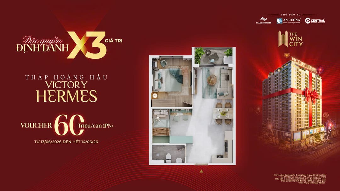 Mặt bằng thiết kế căn hộ 1PN+ Tháp Hoàng Hậu Victory Hermes với không gian đa năng