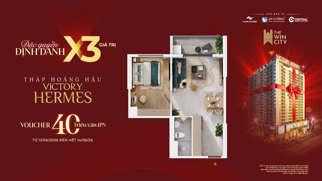 Mặt bằng thiết kế căn hộ 1 phòng ngủ Tháp Hoàng Hậu Victory Hermes dự án The Win City