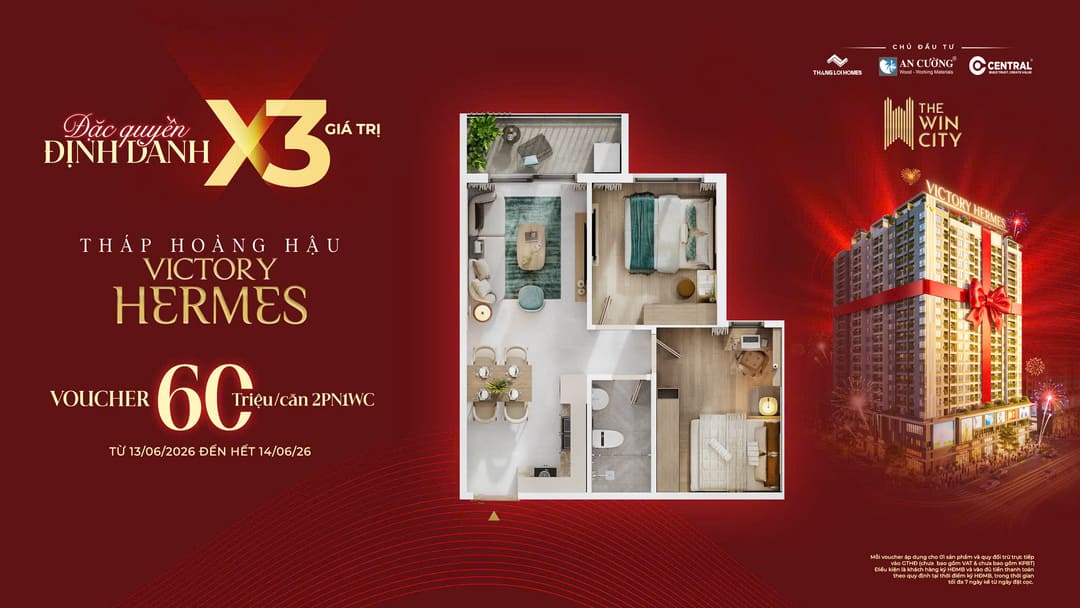 Mặt bằng thiết kế căn hộ 2 phòng ngủ 1 vệ sinh Tháp Hoàng Hậu Victory Hermes