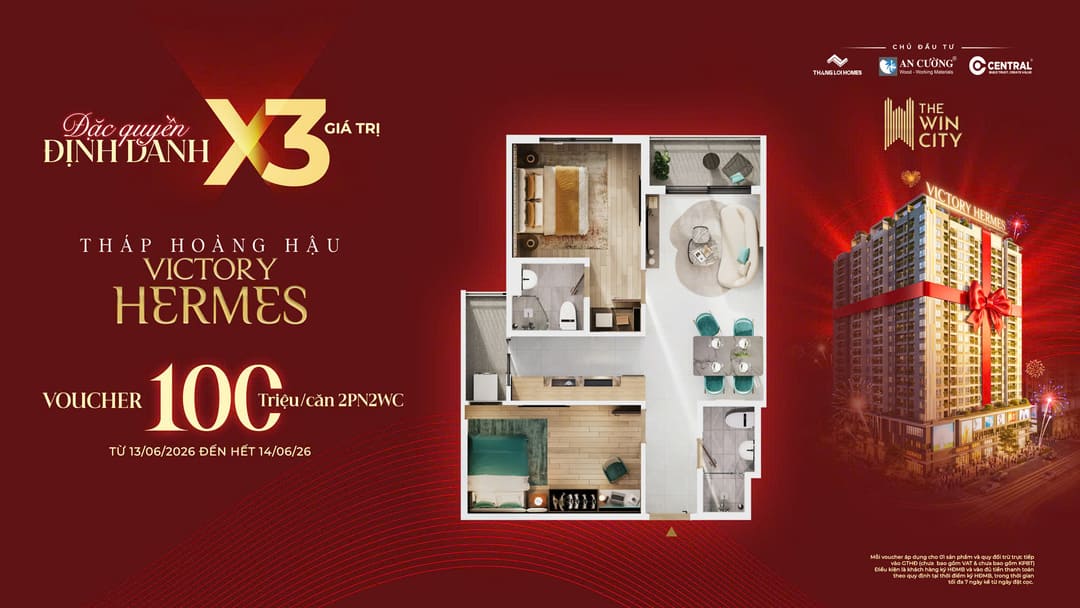 Mặt bằng thiết kế căn hộ 2 phòng ngủ 2 vệ sinh Tháp Hoàng Hậu Victory Hermes