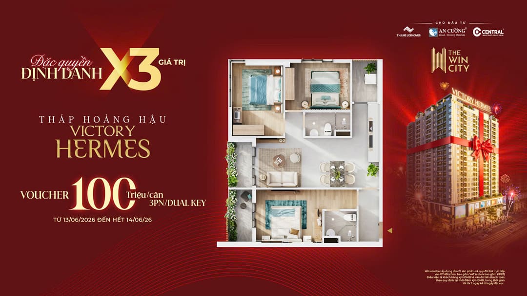 Mặt bằng chi tiết căn hộ 3 phòng ngủ và căn hộ kép Dual Key Tháp Hoàng Hậu Victory Hermes
