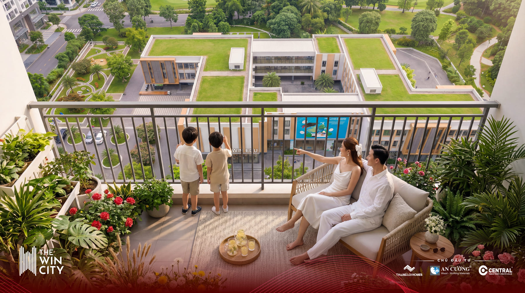 Tầm nhìn panorama toàn cảnh mảng xanh nội khu của Tháp Hoàng Hậu Victory Hermes