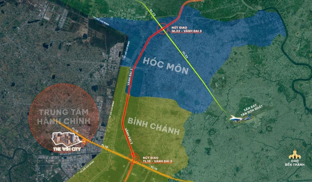 Vị trí dự án The Win City giáp ranh TP.HCM và cách nút giao Vành đai 3 - Tỉnh lộ 10 chỉ 5 phút di chuyển