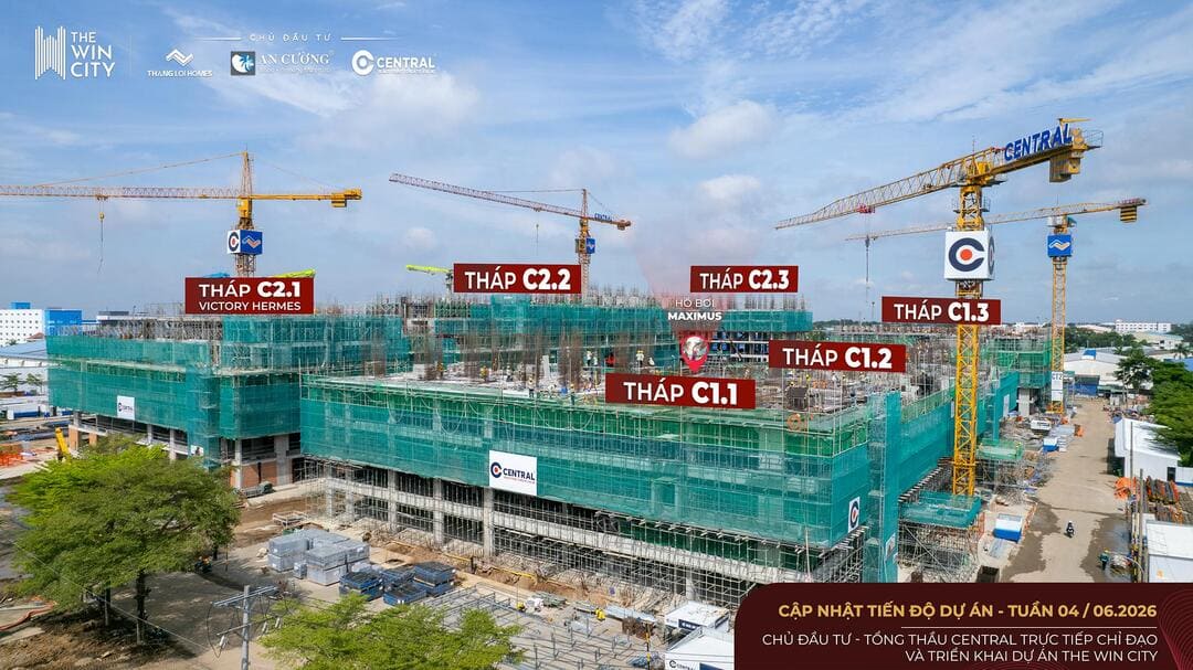 Hình ảnh thực tế tháp căn hộ The Win City được xây dựng bởi tổng thầu uy tín Central