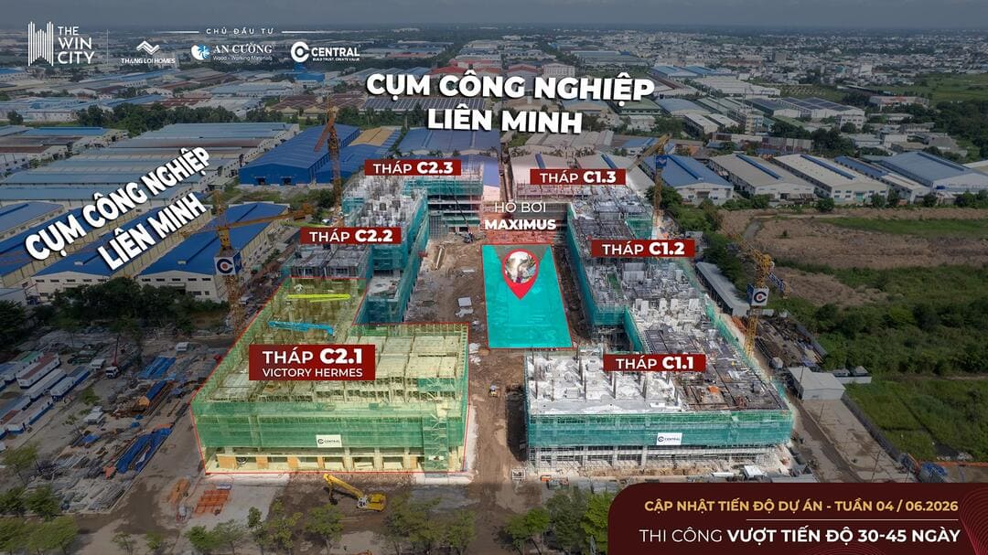 Các tòa tháp chung cư tại công trường dự án The Win City đang được đổ bê tông sàn vươn cao đến tầng 10