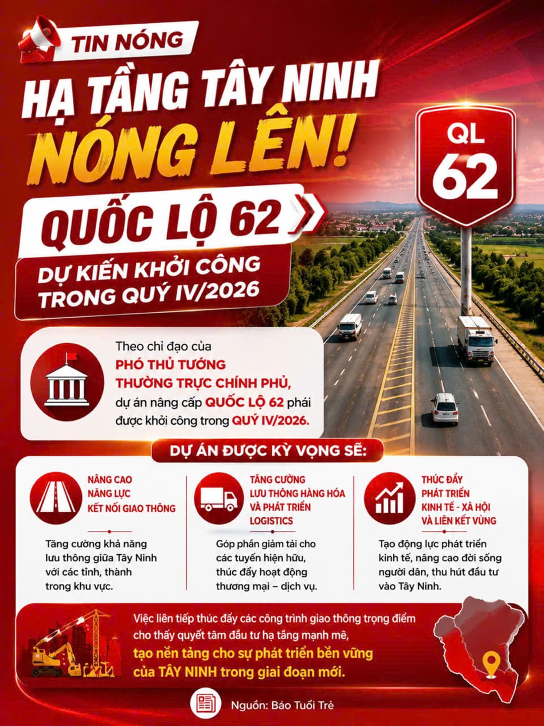 Dự án nâng cấp Quốc lộ 62 dự kiến khởi công vào Quý IV năm 2026