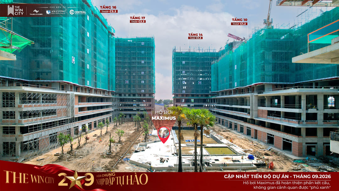 Thi công kết cấu hồ bơi Maximus và cảnh quan tại The Win City