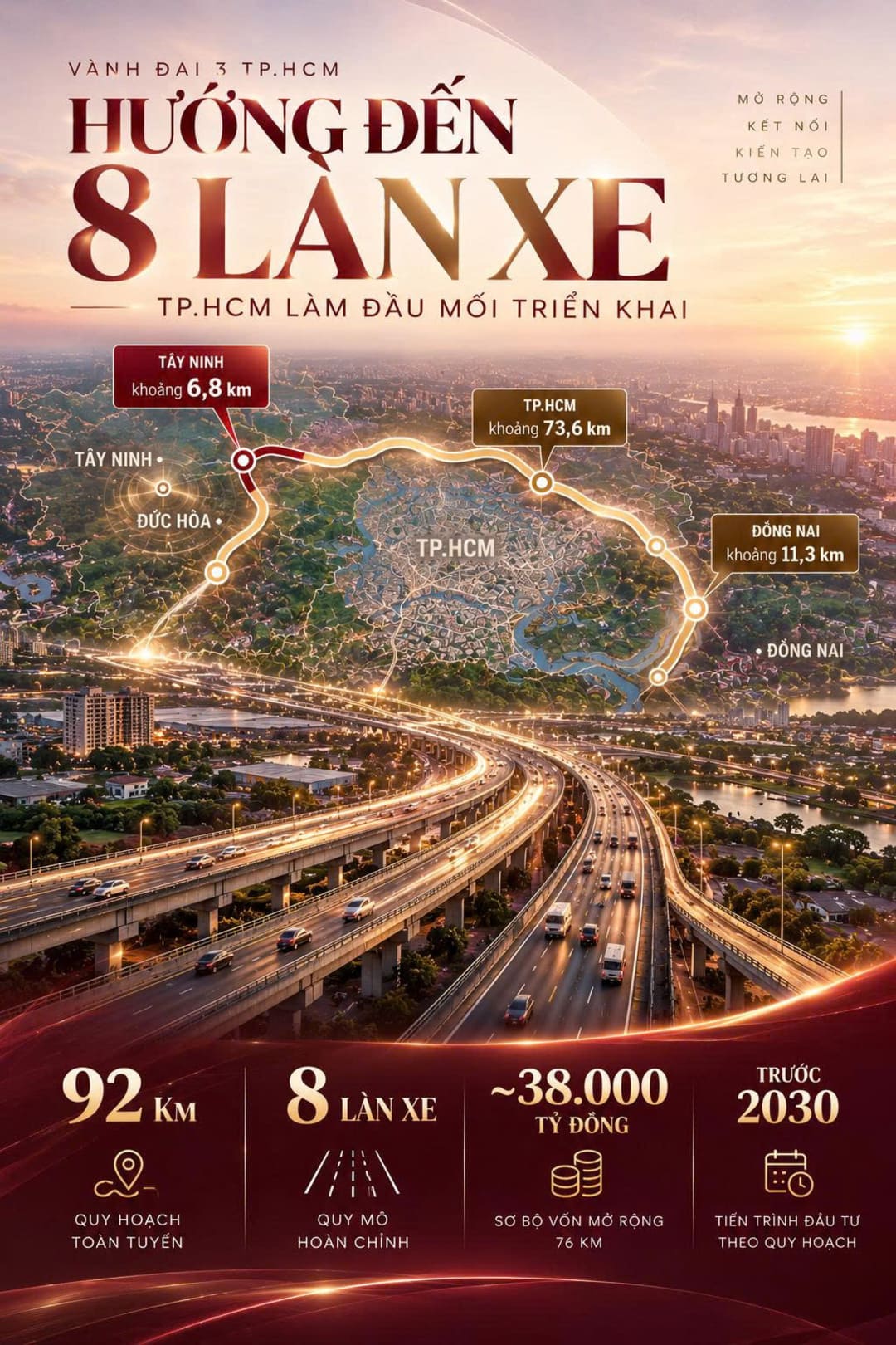 Bản đồ quy hoạch tuyến Vành đai 3 TP.HCM mở rộng 8 làn xe đi qua các tỉnh thành